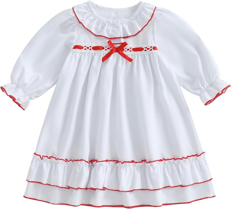 Multitrust Toddler Girls Christmas Nightgowns Pajamas Dress with Red Ribbon Bow Ruffle Long Princess Nightdress Pjs Dresses - Image 1